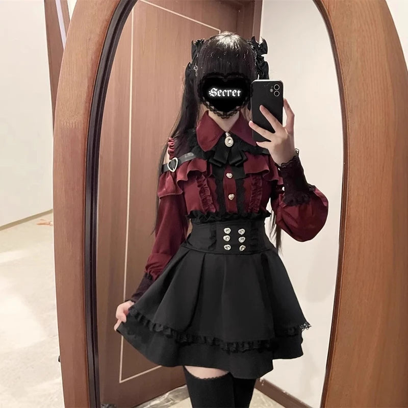 Jirai kei Shirt JK Skirt Japanese Style Lolita Y2K Sweet School Uniform Blouse Top Dress Darkness Outfit Women Girls Theme Party Bazaare Mart