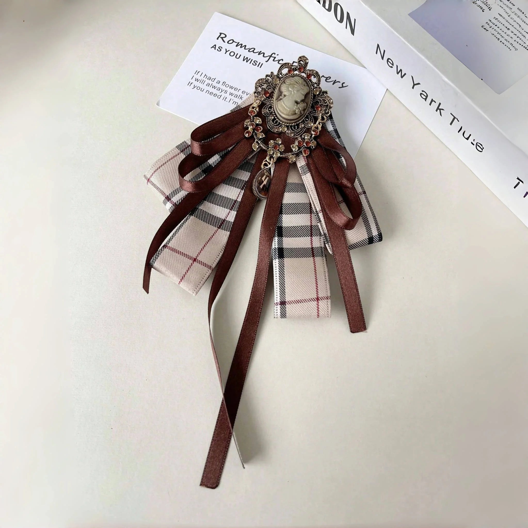 Women's Vintage Plaid Cameo Bow Tie Plaid Bowtie Bazaare Mart Lady's Bowtie