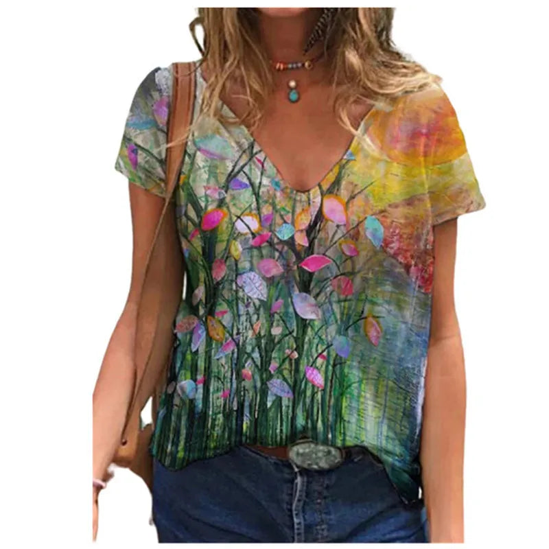Women's Floral 3D Print V-Neck T-Shirt