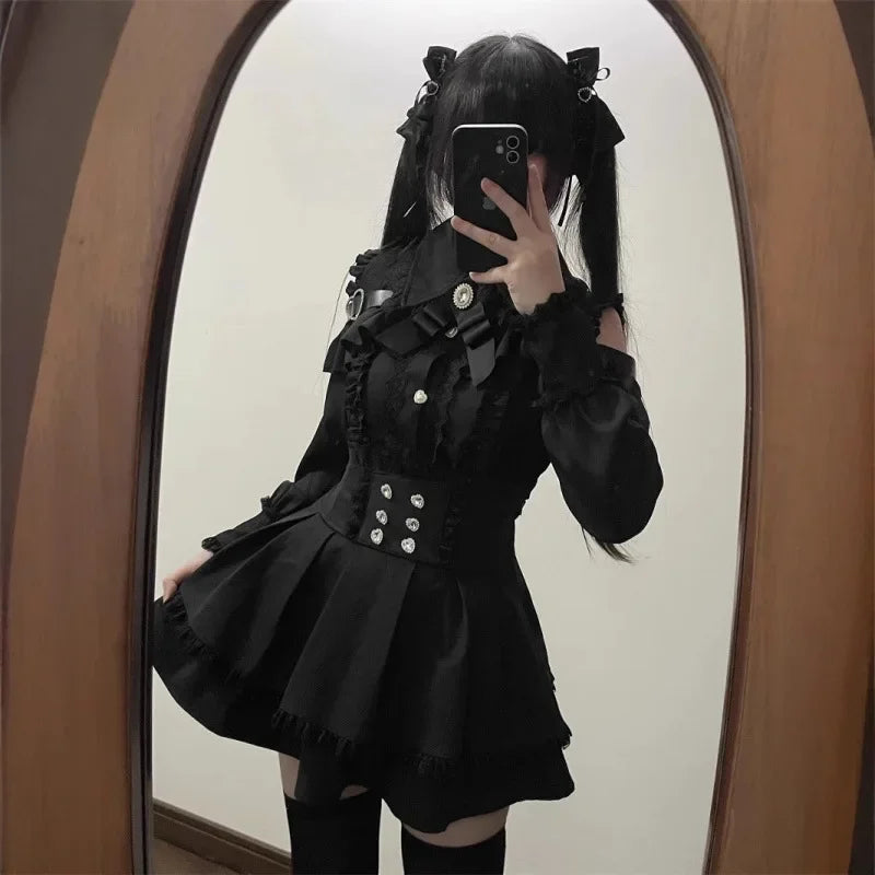 Dark Sweet Heart Ground Type Lolita Set, Ruffle Sleeve Top & A-line Skirt, Cute Kawaii Japanese Style Gothic Coord Outfit S-XL Bazaare Mart