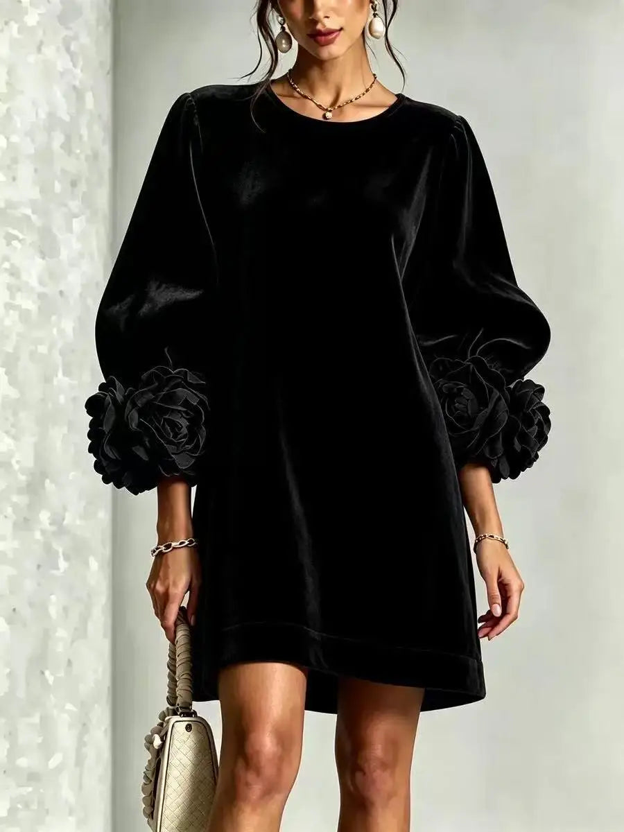 Velvet Mini Dress – Elegant Puff Sleeves with 3D Floral Cuffs