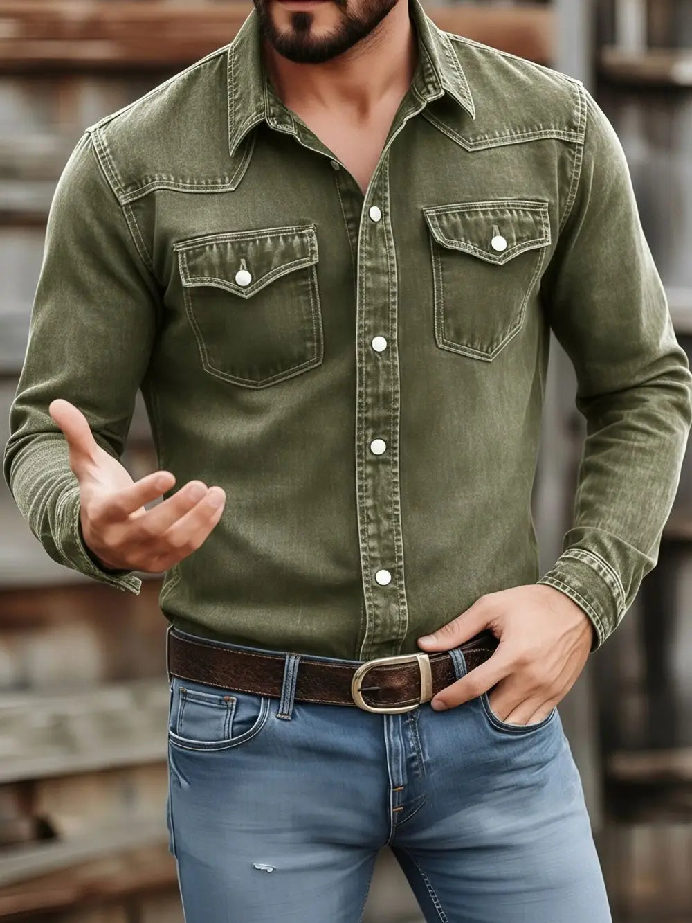 Men's Vintage Washed Denim Button Up Shirt
