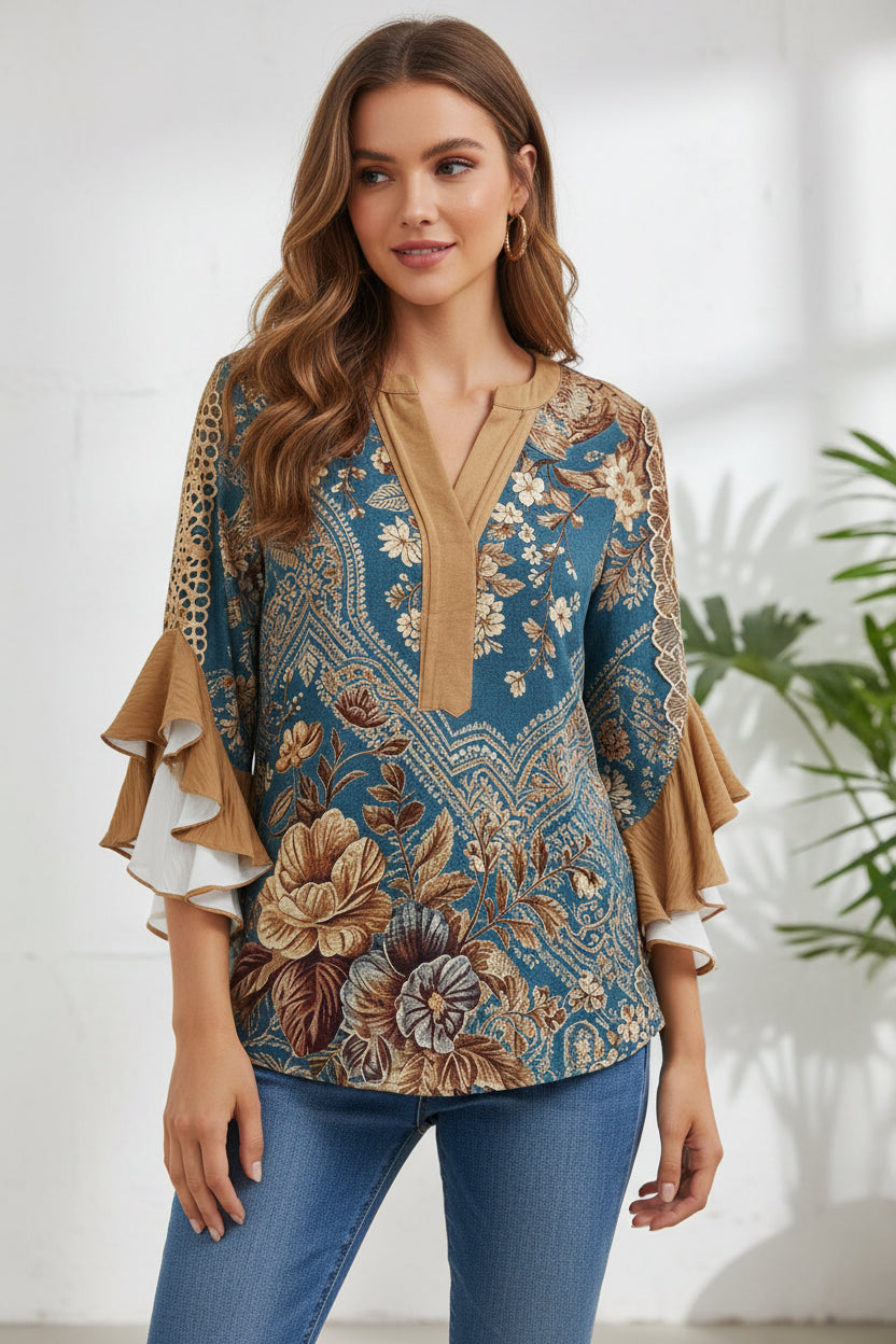Women's Vintage Floral Lace Ruffle Sleeve Blouse | Elegant V-Neck Top HCHLF20261316M Bazaare Mart Ruffle Sleeve Blouse