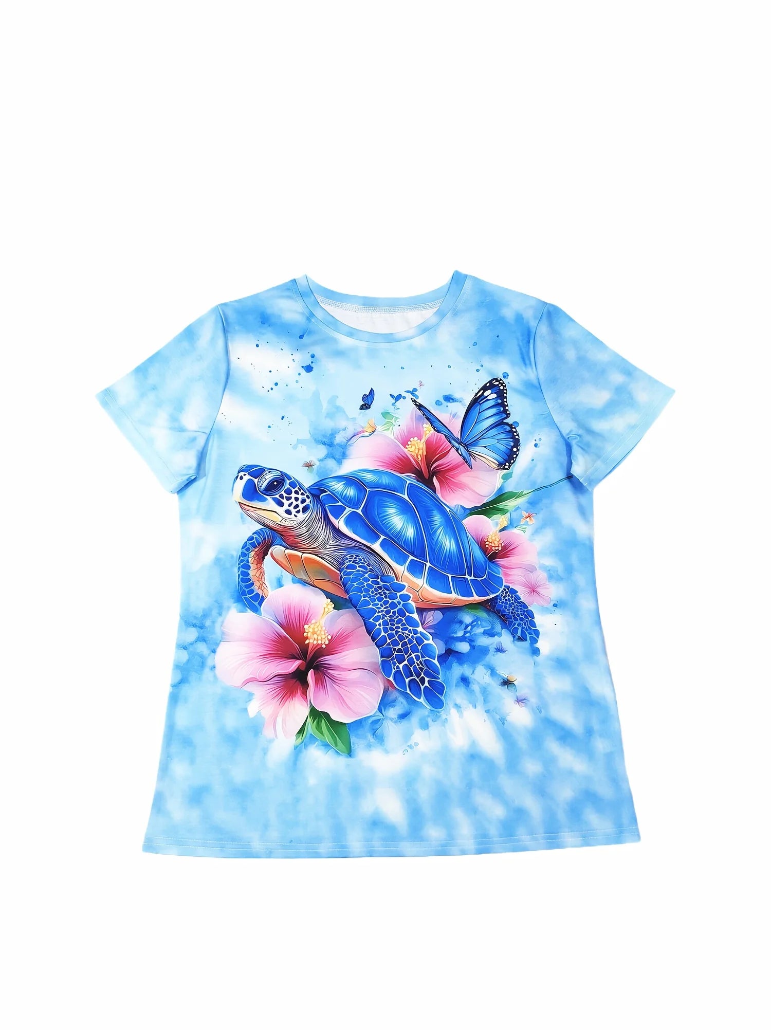 Light Blue Women's Tee - Blue Turtle & Hibiscus Graphic, Tropical Beach Print Design for Casual Daily Wear Bazaare Mart