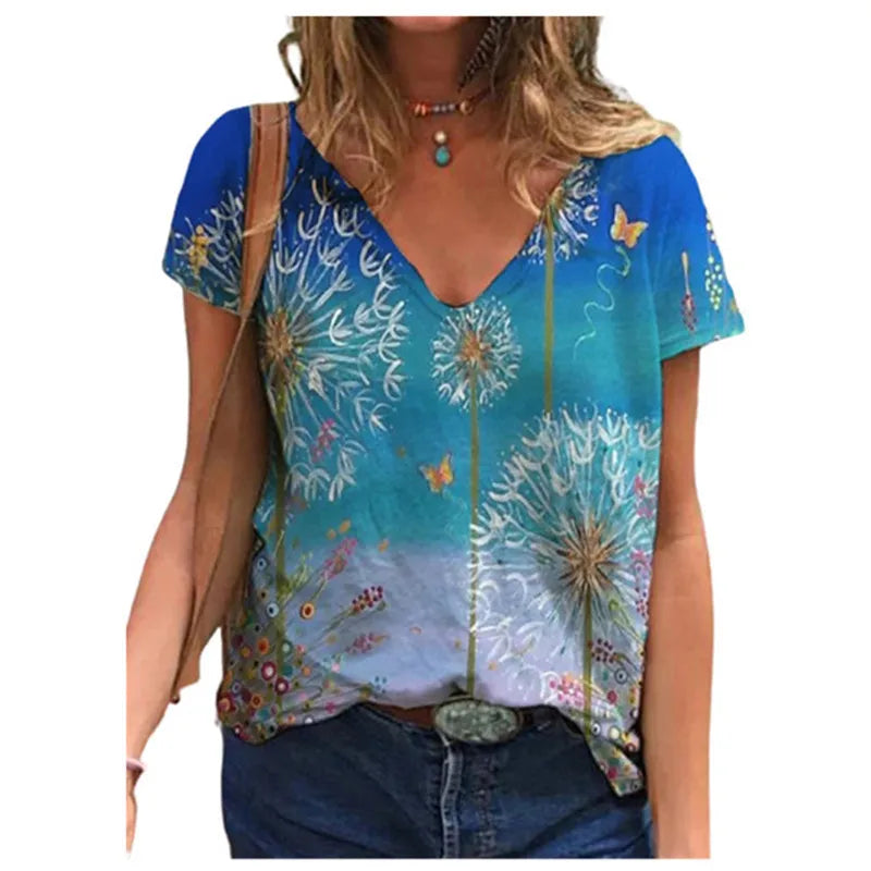 Women's Floral 3D Print V-Neck T-Shirt