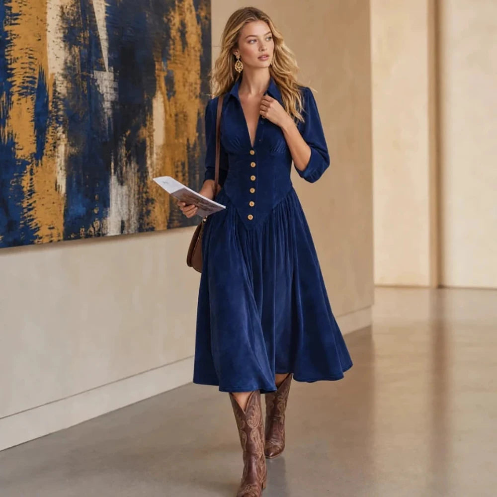 Navy Corduroy 3/4 Sleeve V-Neck Gold Button Midi Dress