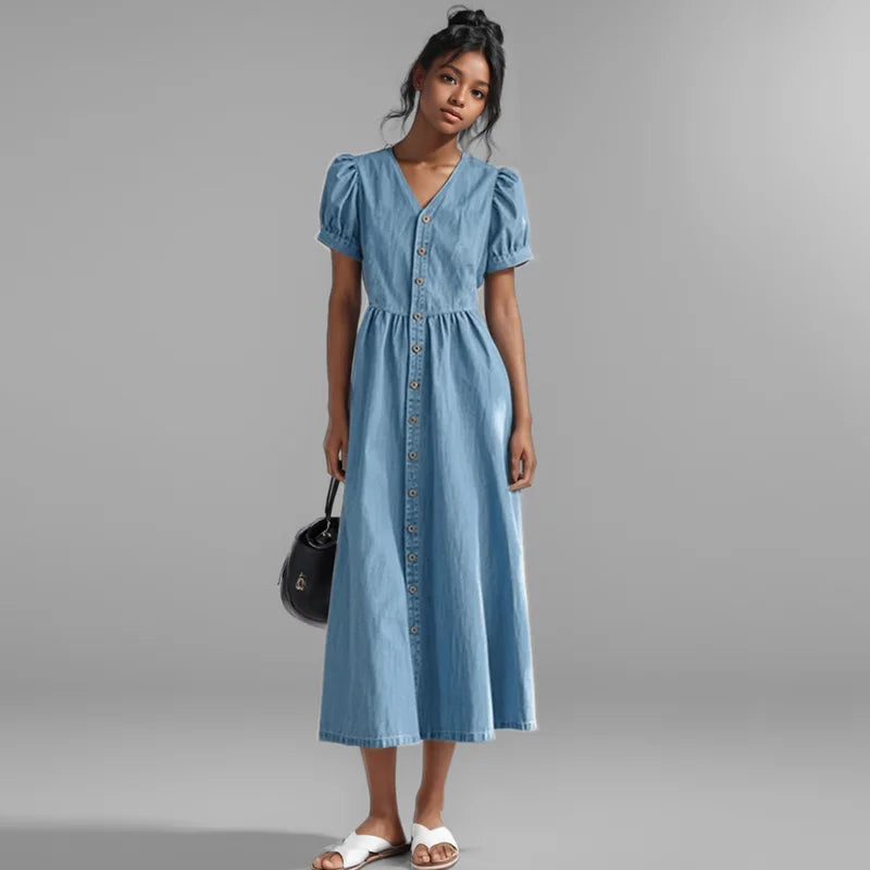 Blue Denim Midi Dress – V-Neck Button-Front Dress with Short Puff Sleeves