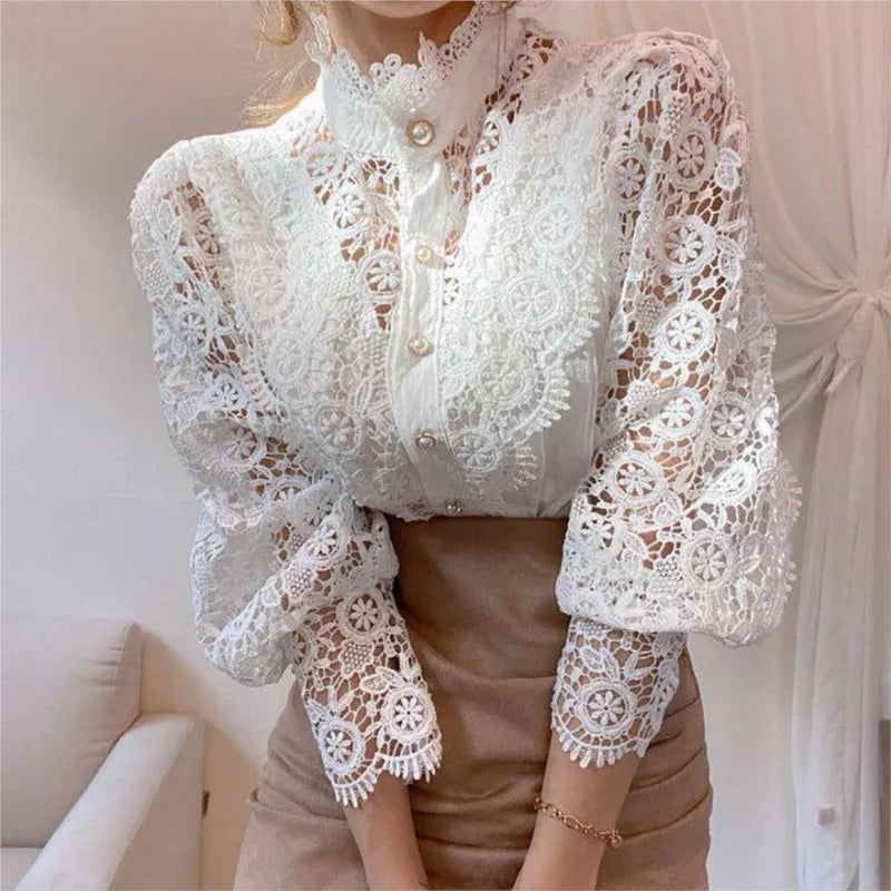 Vintage Lace Long Sleeve Pearl Button Blouse