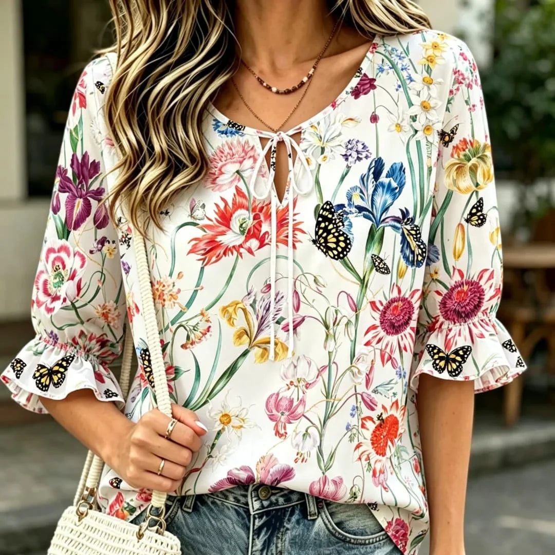 Women's Vibrant Floral Print Ruffle Sleeve Blouse – Tie Neck Boho Top for Spring & Summer NZLAQF20260412N Bazaare Mart Floral Blouse