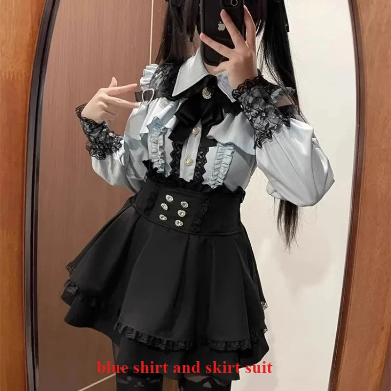 Dark Sweet Heart Ground Type Lolita Set, Ruffle Sleeve Top & A-line Skirt, Cute Kawaii Japanese Style Gothic Coord Outfit S-XL blue Shirt and skirt Bazaare Mart