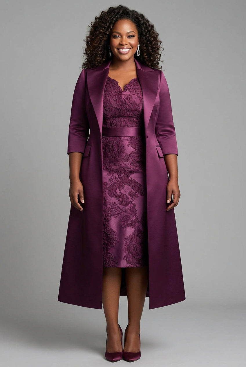Plus Size Plum Satin Lace Midi Dress & Long Coat Set