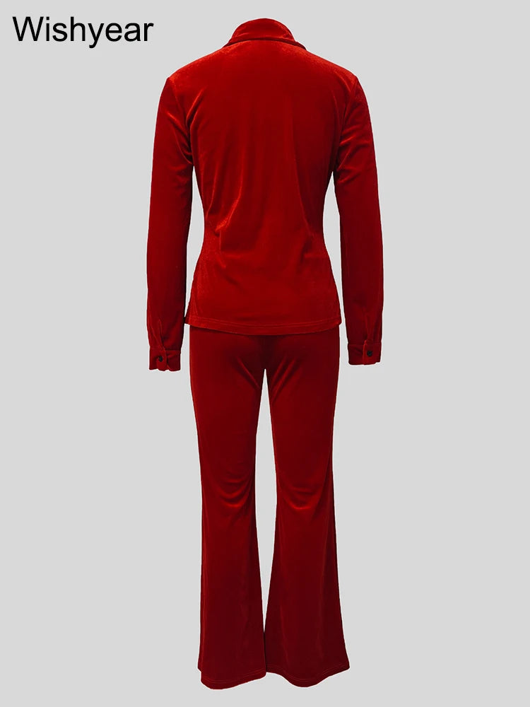 Red Long Sleeve Ruched Button Top and Flare Pants Set