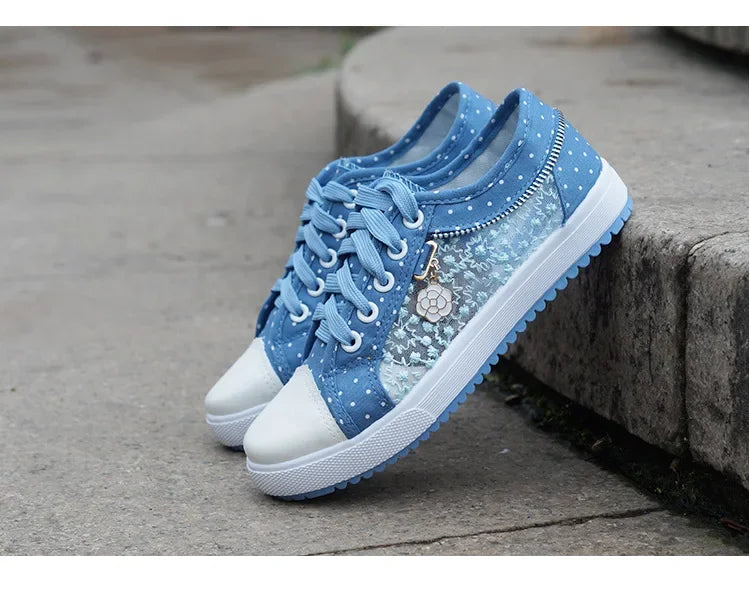 Unique Hollow Mesh Polka Dot Denim Sneakers