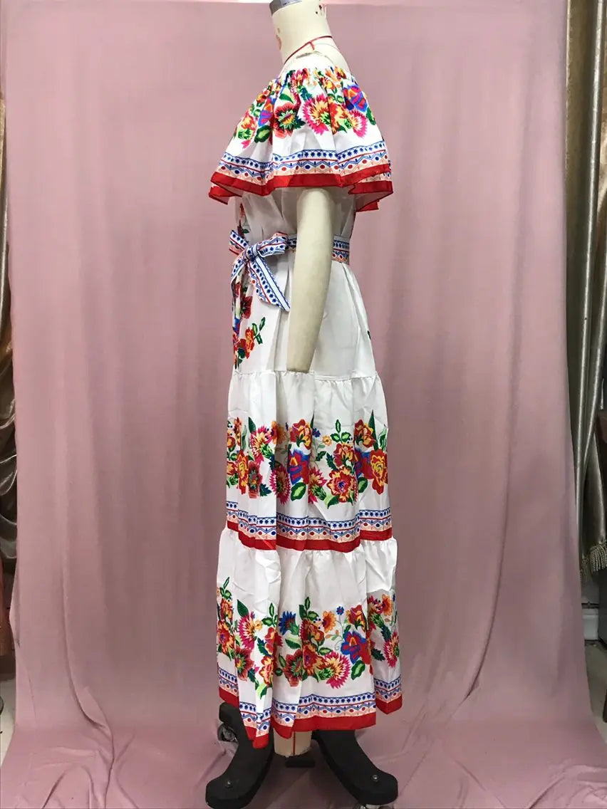 Off-shoulder Long Ruffled Peasant Dress