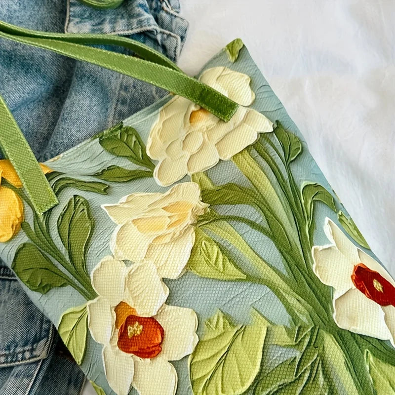 Women's Large Capacity Summer Floral Oxford Bucket Bag Casual Fashionable Shoulder Bag with Oil Painting Flower Design Handbag Bazaare Mart