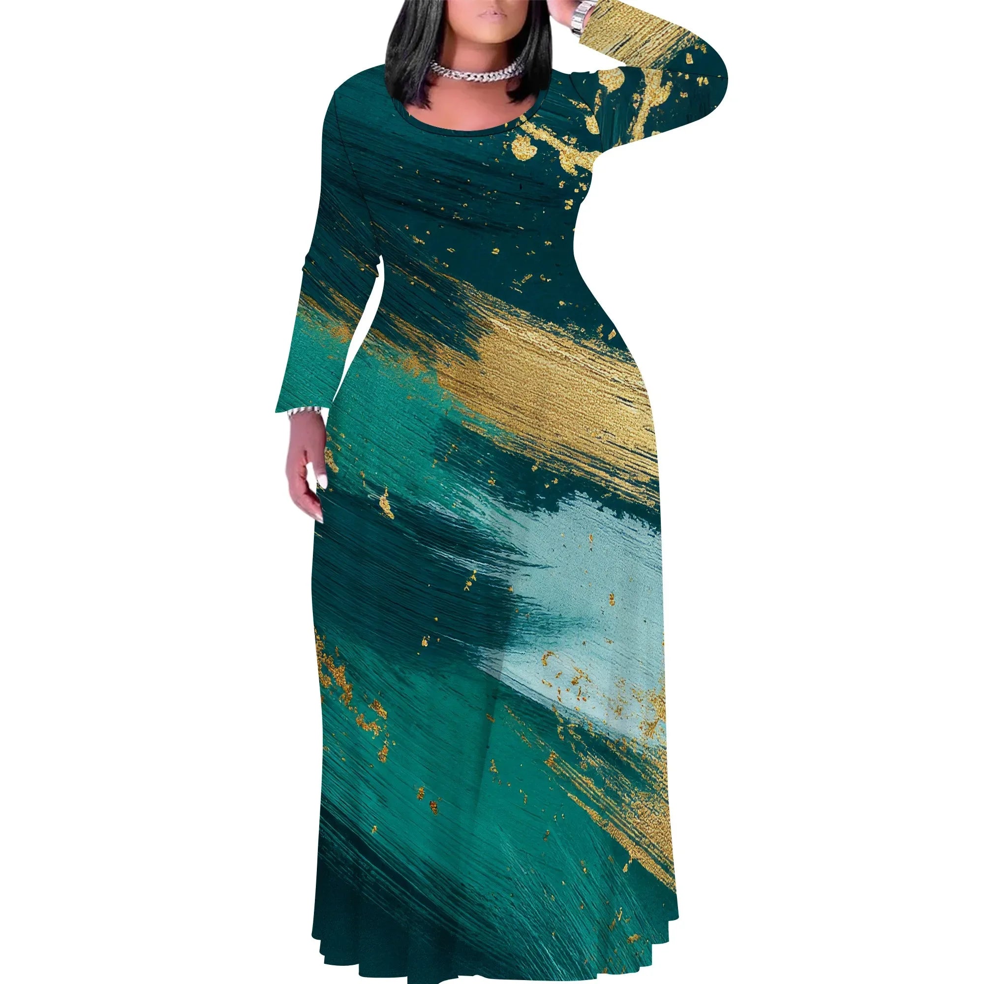 Tie Dye Print Scoop Neck Long Sleeve Maxi Dress Pattern-11 CHINA Bazaare Mart Tie Dye Print Scoop Neck Long Sleeve Maxi Dress