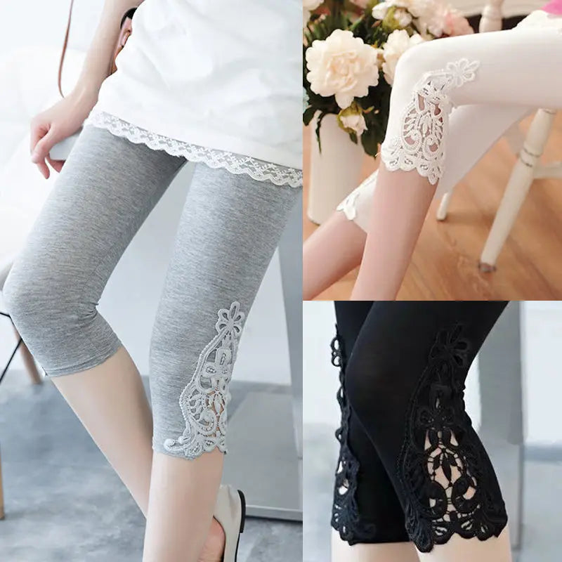 Women's Lace Trim Capri Leggings – High Waist Stretch 3/4 Length Cropped Leggings Bazaare Mart Capris Leggings