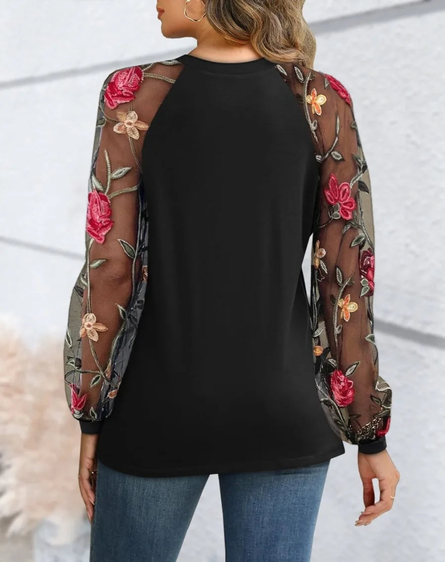 Women's Pleated Blouse with 3D Floral Mesh Sleeve
