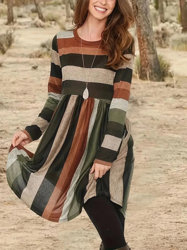 Striped Round-neck Long Sleeve Dress