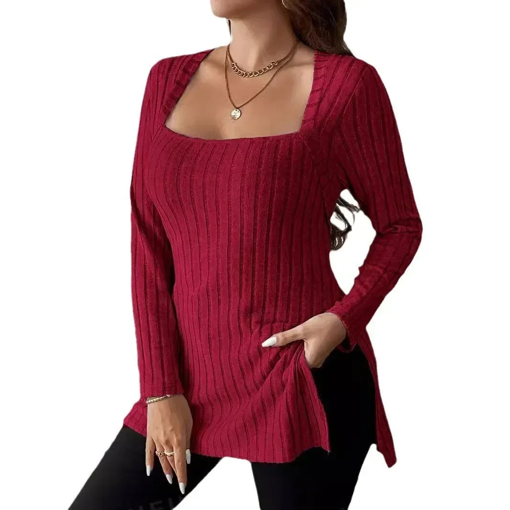 Plus Size New Autumn and Winter 1XL-5XL Women's Fashion Solid Color Sweater Ladies Square Neck Long Sleeved Casual Top Bazaare Mart