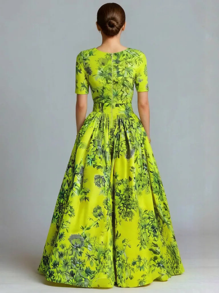 Green Floral Print A-Line Maxi Dress