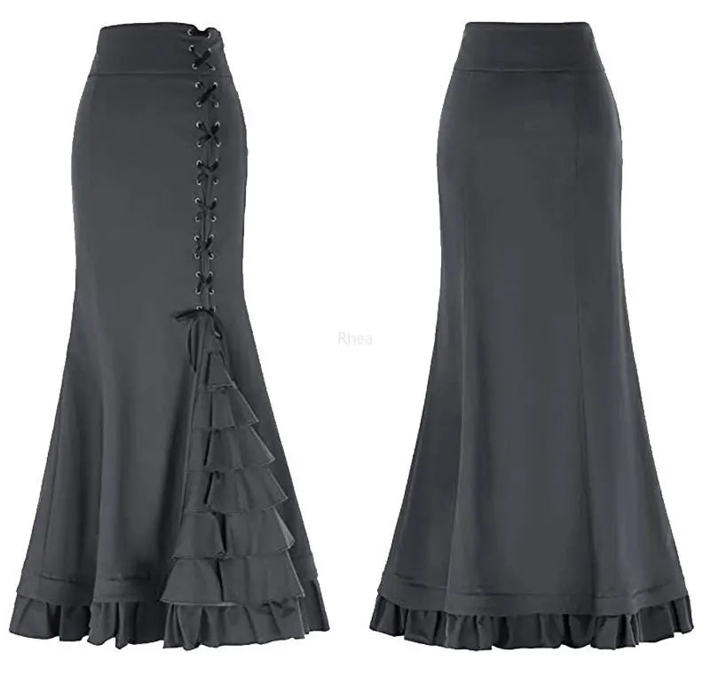 Vintage Steampunk Mermaid Maxi Skirt Bazaare Mart Gothic Vintage Victorian Steampunk Lace-Up Maxi Skirt