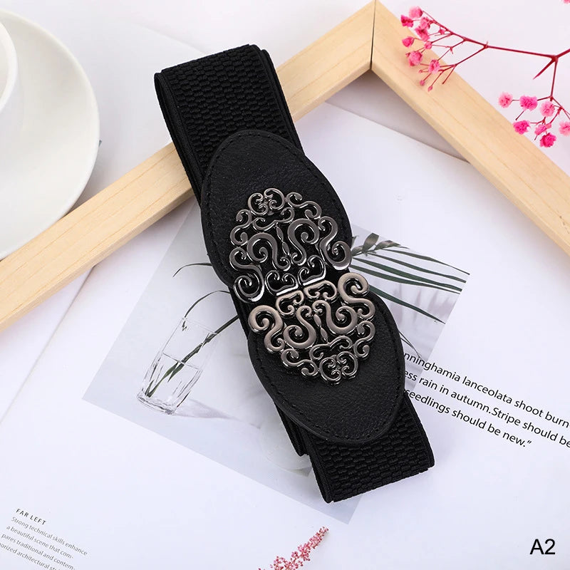 Wide Black Elastic Intricate Buckle Belt A2 Bazaare Mart Wide Black Elastic Intricate Buckle Belt