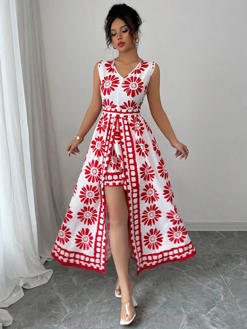 Boho Daisy Print 2-in-1 Jumpsuit – Sleeveless Maxi Overlay Vacation Romper