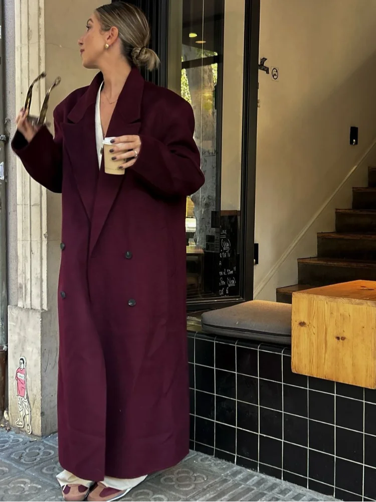 Burgundy Double Breasted Long Wool Overcoat