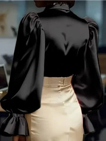 Fancy Satin Ruffled Cuff Long Puffed Sleeves Bazaare Mart Long Sleeve Button Up Blouse