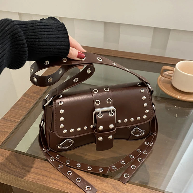 Studded Baguette Shoulder Bag – Faux Leather Punk Rock Shoulder Purse with Buckle & Rivet Details Bazaare Mart Shoulder Purse