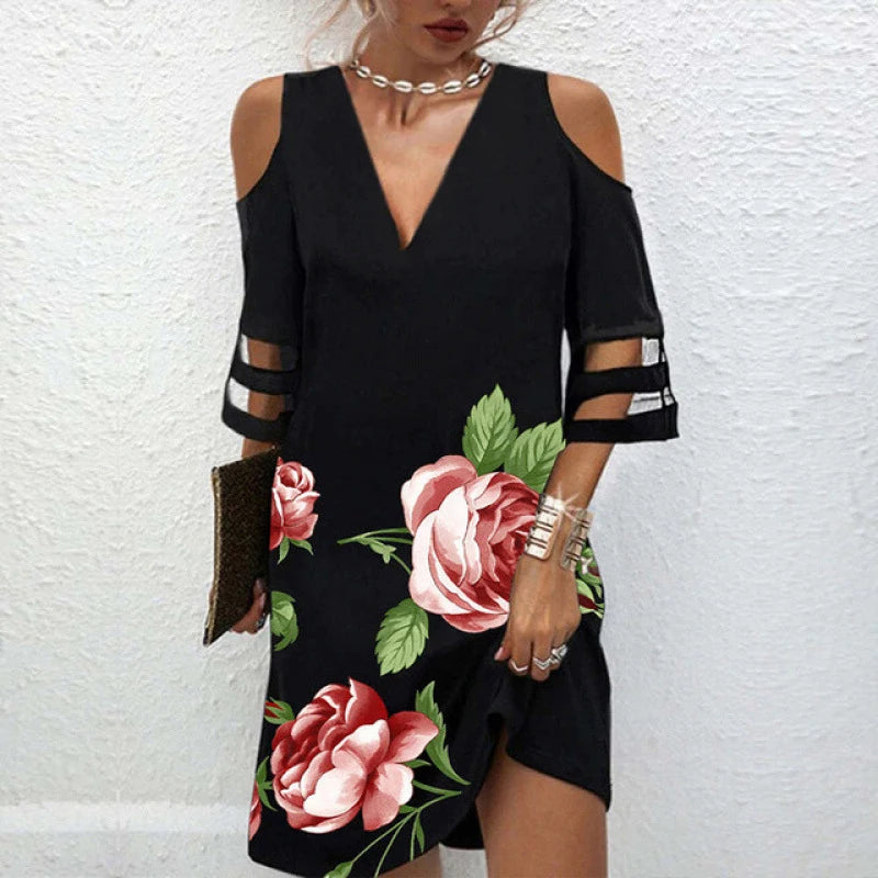 Summer Cold-Shoulder V Neck Stripe Mesh Sleeve Dress Bazaare Mart Black V-Neck Dress