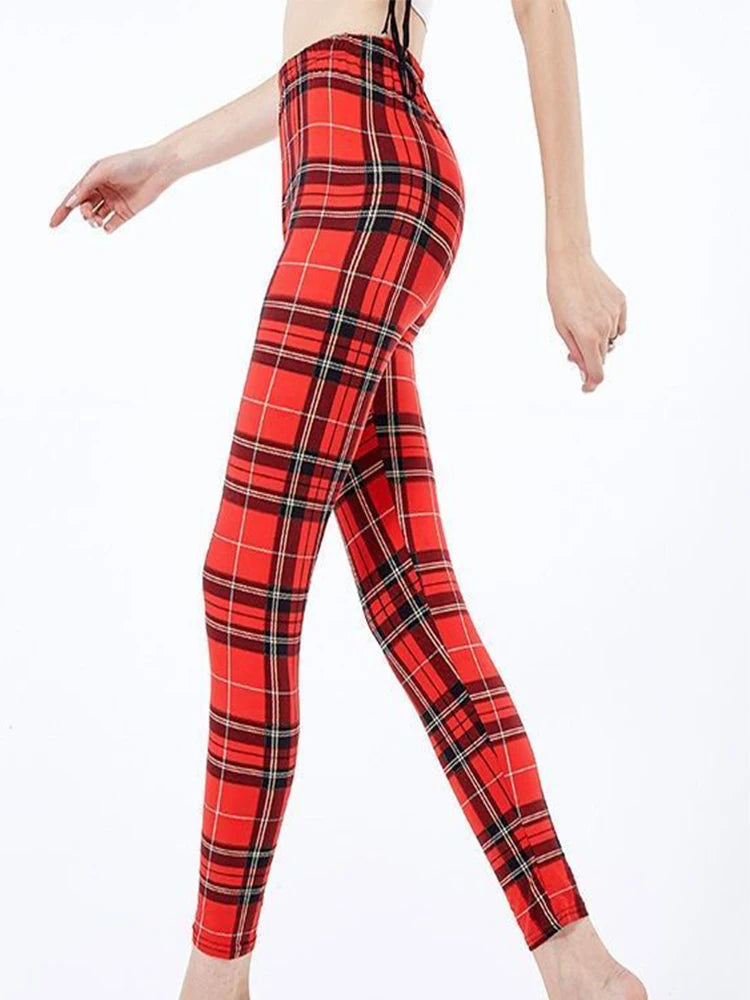 Women's Printed Leggings – Stretch Ankle-Length Fashion Leggings with Unique Pattern Designs PD186Red grid Bazaare Mart Leggings