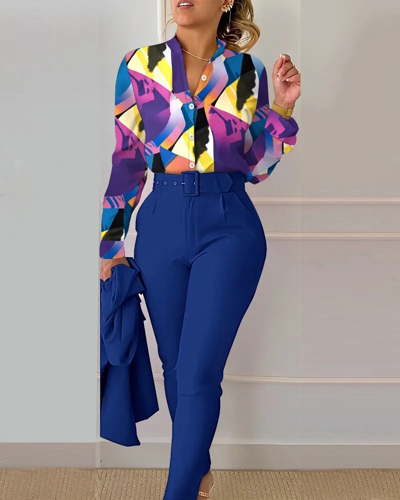 Print Long Sleeve Shirt Matching Pants Sets With Belt