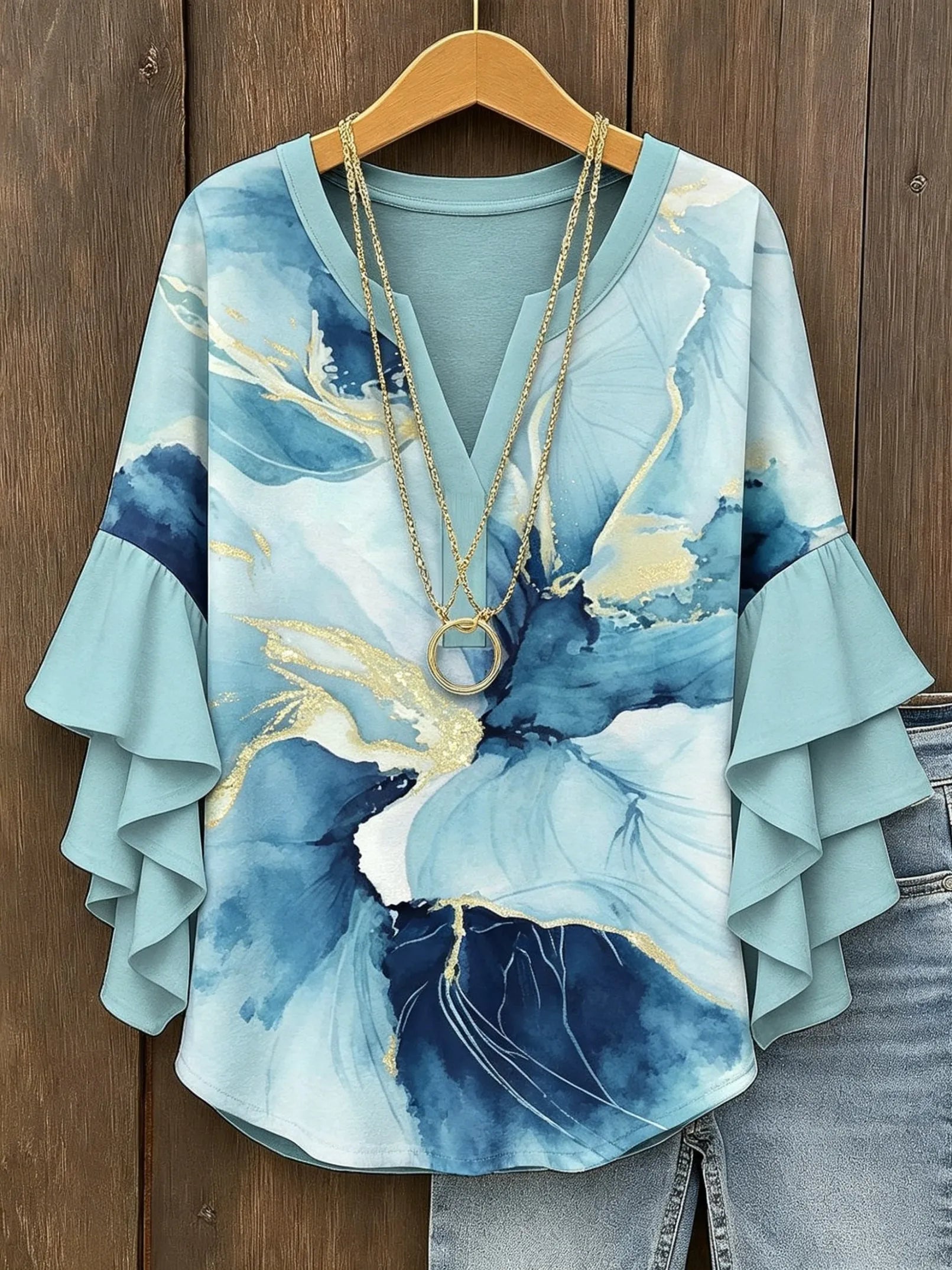 Women's V Neck Ruffle Half Sleeve Lotus Print Blouse, Casual Daily Holiday Tops Mint Green White Spring Summer HCHLD202630182 Bazaare Mart