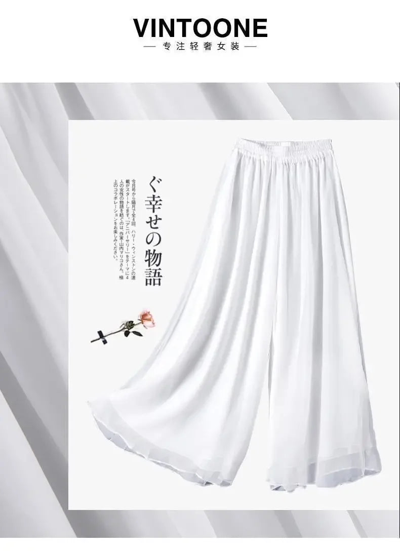 New Summer White Drape Chiffon Wide-Leg Pants Casual Chiffon Trousers Pants Women Clothing Loose High Waist Slim Skirt bd67 Bazaare Mart