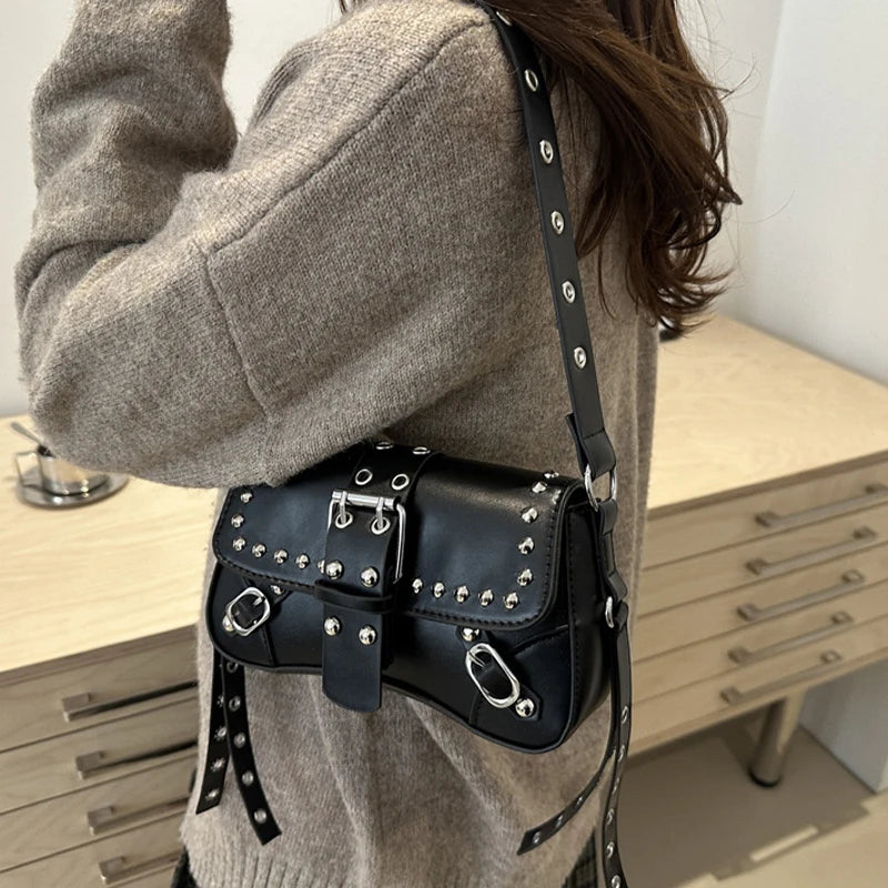 Studded Baguette Shoulder Bag – Faux Leather Punk Rock Shoulder Purse with Buckle & Rivet Details Bazaare Mart Shoulder Purse