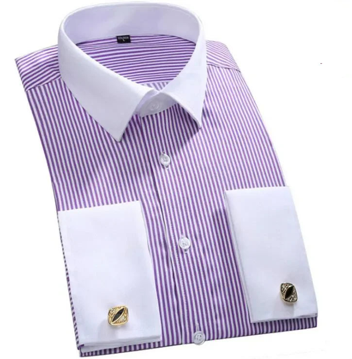 Purple and white striped dress shirt with cufflinks on a white background