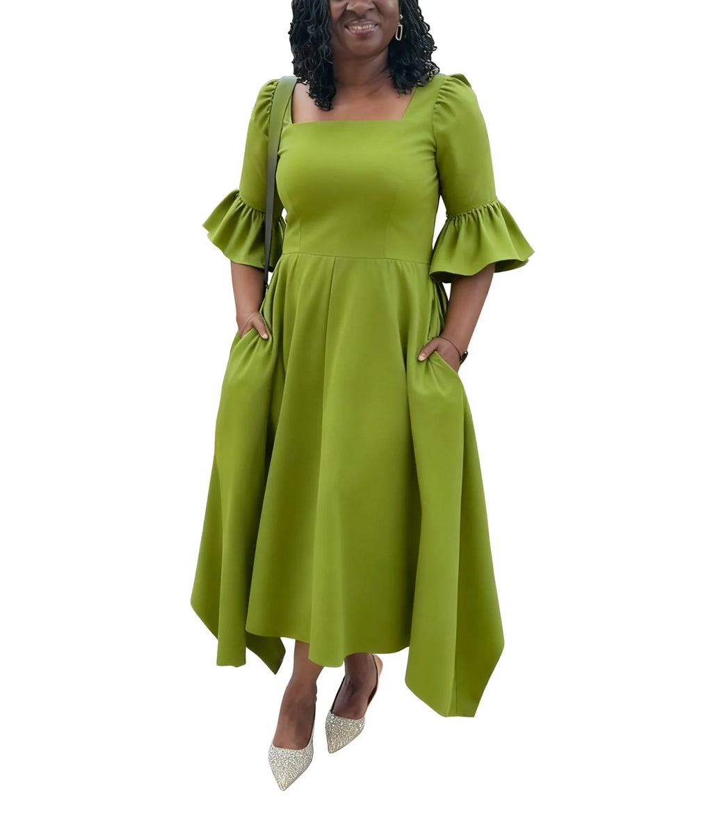 Ruffle Sleeve Square Neck Midi Dress Bazaare Mart Plus Size Half Sleeve Midi Dress