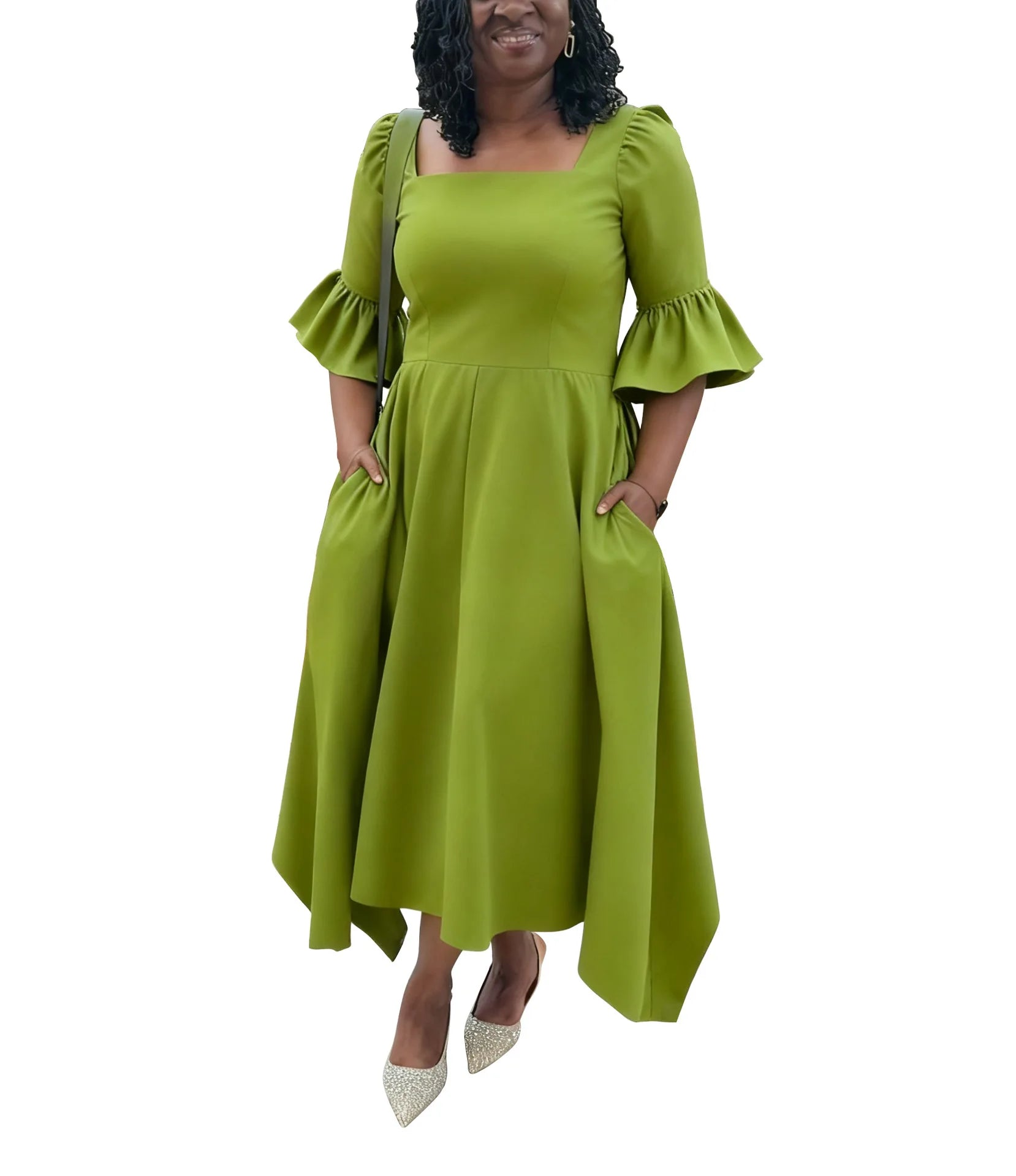 Ruffle Sleeve Square Neck Midi Dress Bazaare Mart Plus Size Half Sleeve Midi Dress