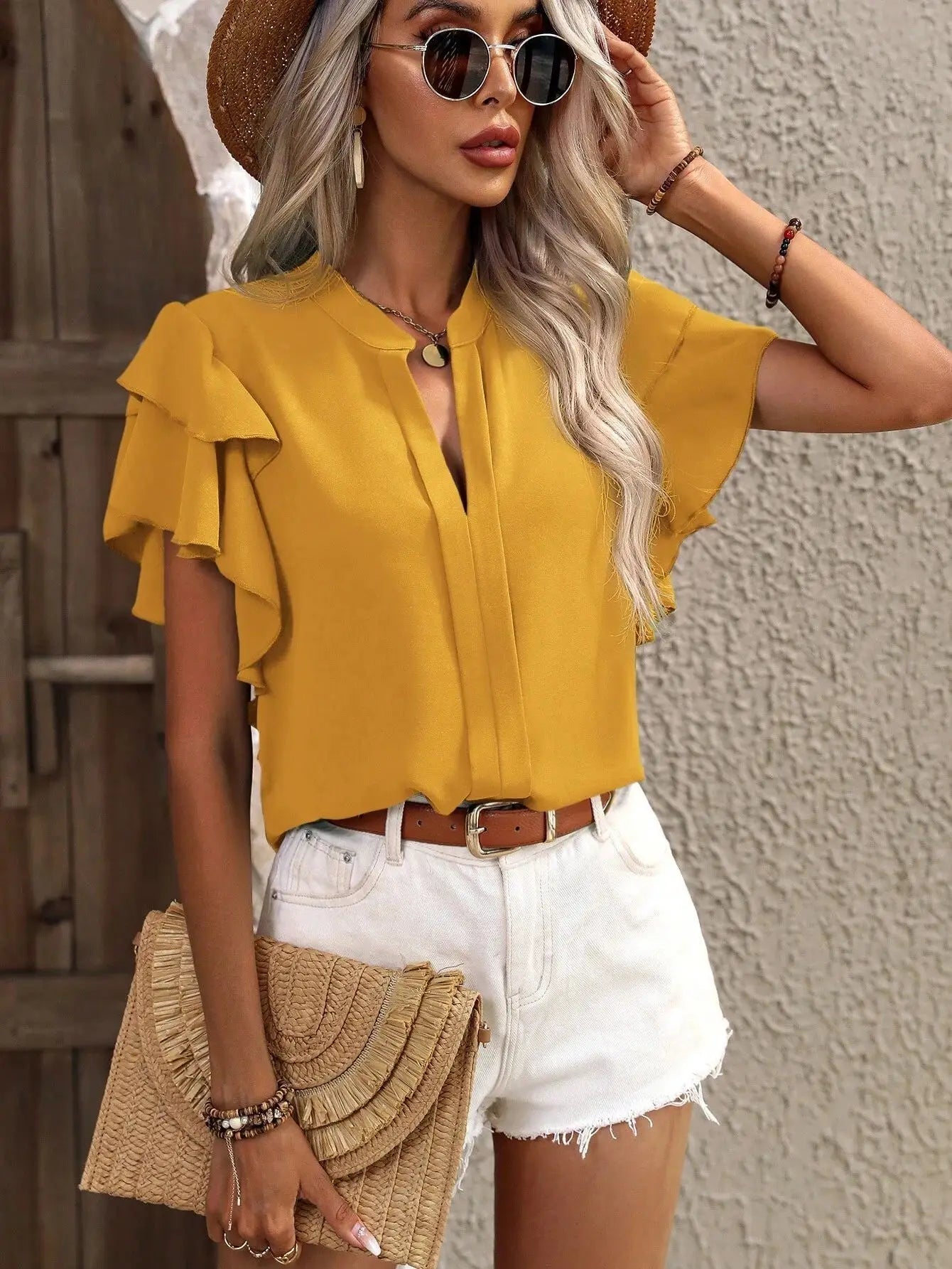V-neck Ruffle Sleeve Solid Color Blouse