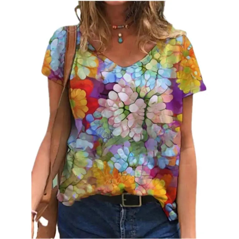 Women's Floral 3D Print V-Neck T-Shirt