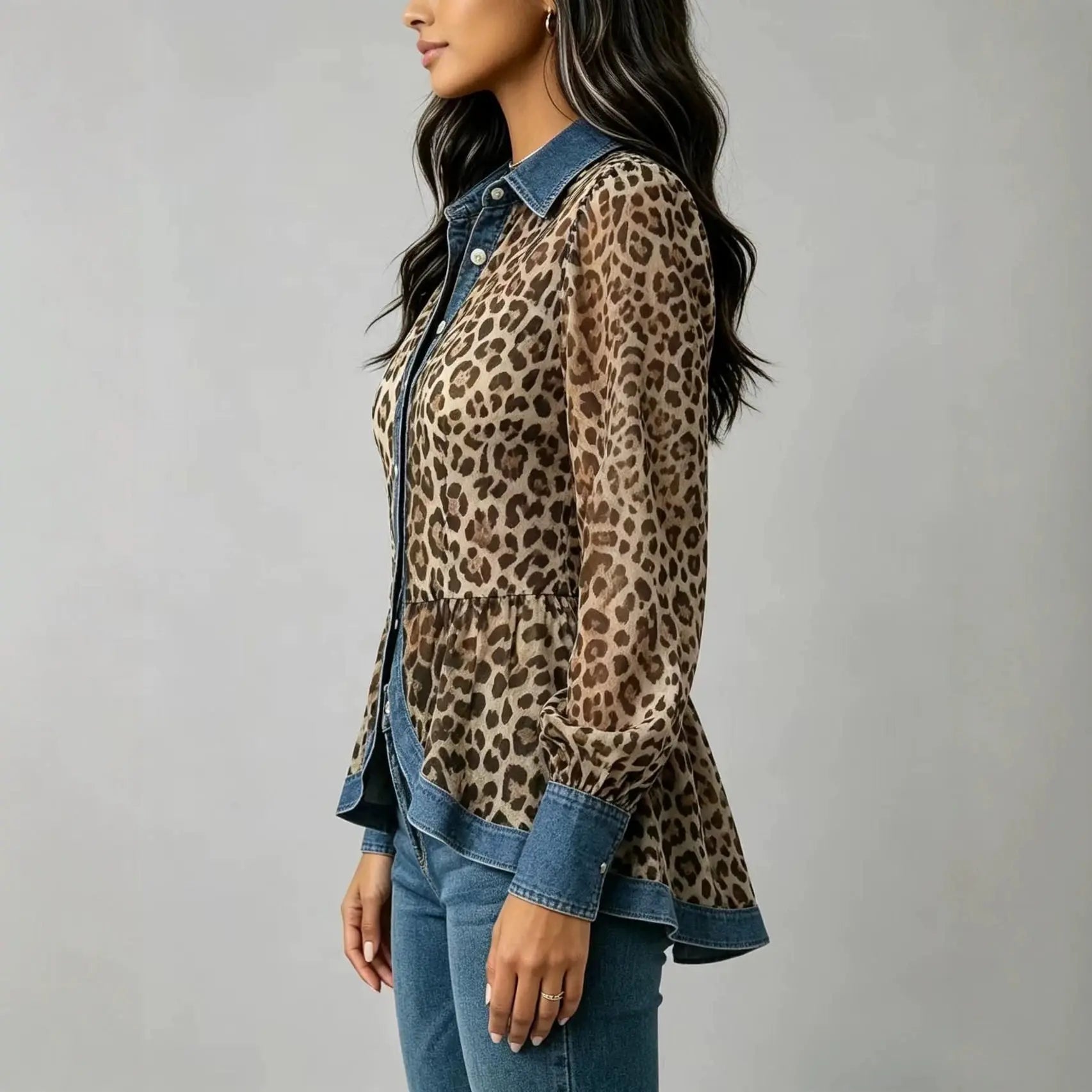 Leopard Print Chiffon Peplum Blouse with Denim Trim