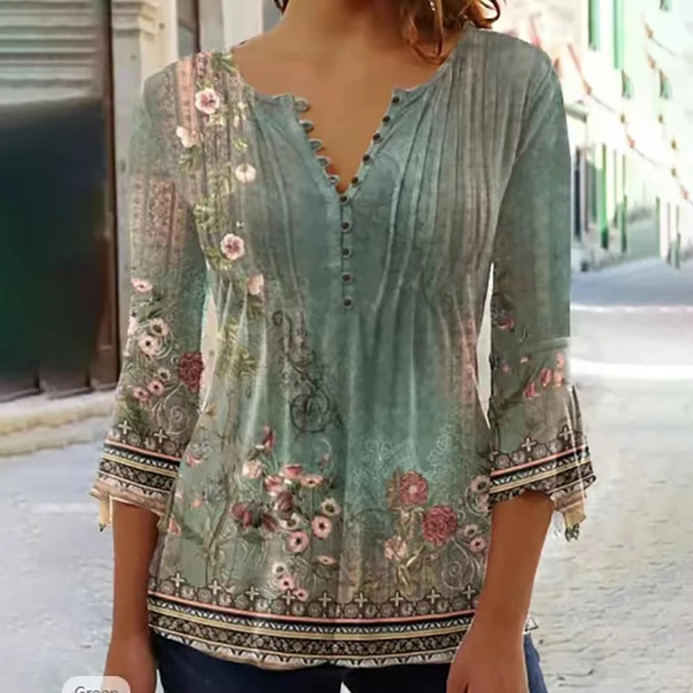 Print Shirts for Women Spring Summer Three Quarter Sleeve V-Neck Buttons Blouse Shirt Elegant Office Ladies Long Tops Bazaare Mart