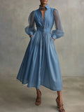 Classy Light Blue Denim Midi Shirt Dress with Sheer Puff Sleeves
