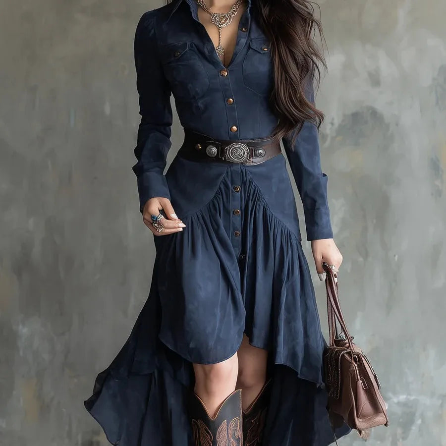 Western Style French Suede High Low Layered Dress with Belt
