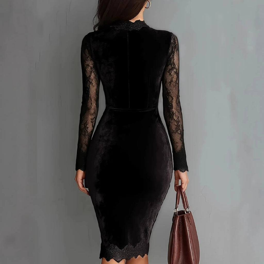 Velvet-Look Bodycon Midi Dress with Sheer Lace Sleeves – Elegant Slim-Fit Evening Dress