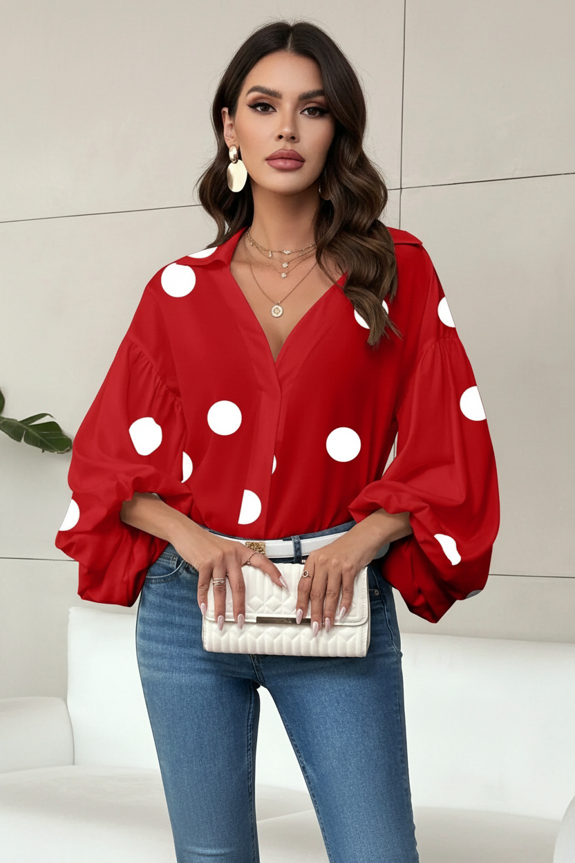 Boho Polka Dot Blouse | French-Inspired Puff Sleeve Casual Top