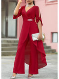 Chiffon Cold Shoulder V-Neck Wrap Top and Pants Set Red Bazaare Mart 2 pc. Pants Outfit