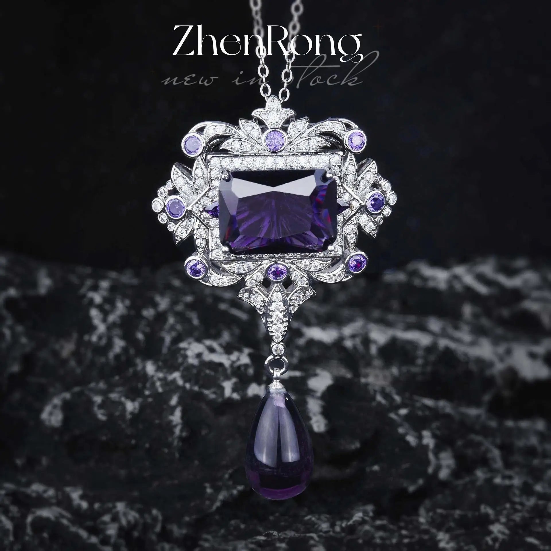 Elegant Vintage Rectangle Purple CZ Pendant Necklace Silver Color 45cm Bazaare Mart Purple CZ Pendant Necklace